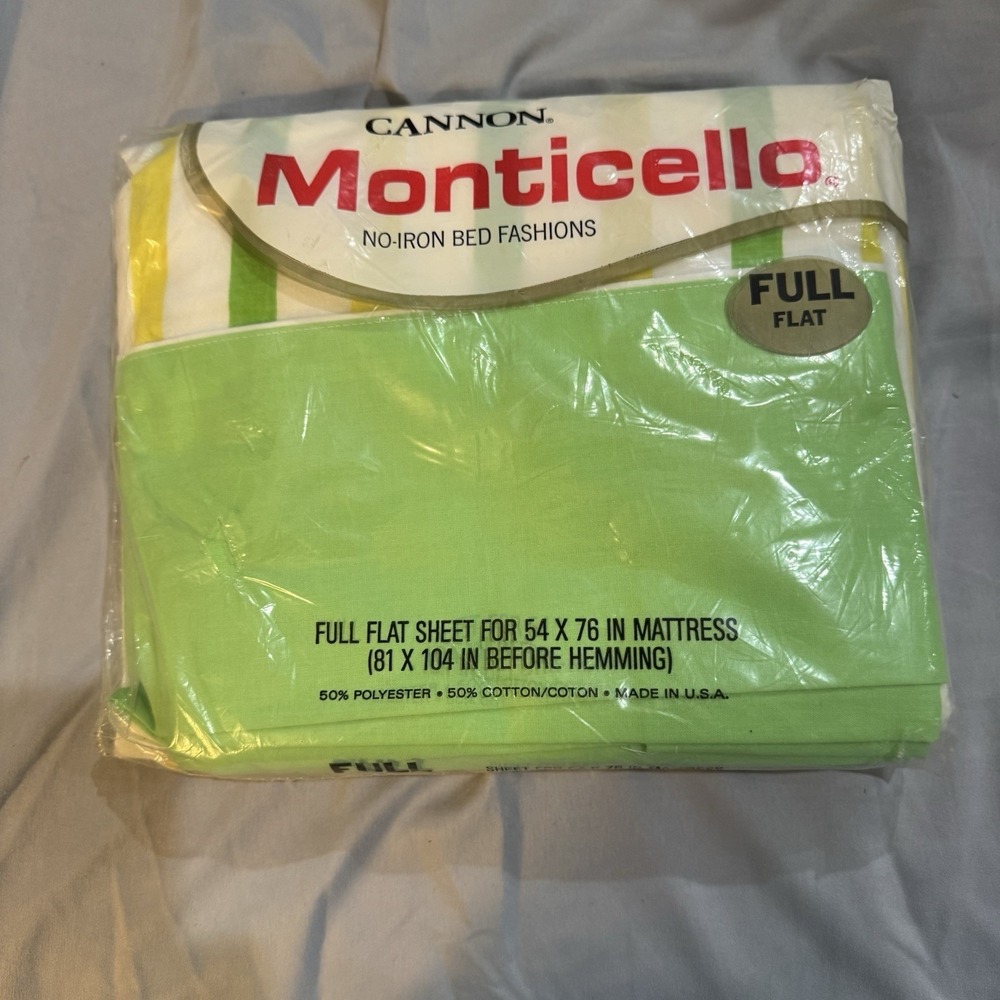 VTG CANNON MONTICELLO GREEN‎ YELLOW WHITE STRIPE Full MUSLIN FLAT SHEET NIP NEW